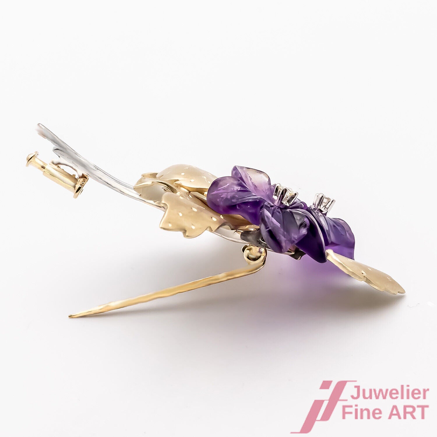 Brosche Florales Modell 585/14K Gelbgold Weißgold Amethystblüten Diamanten