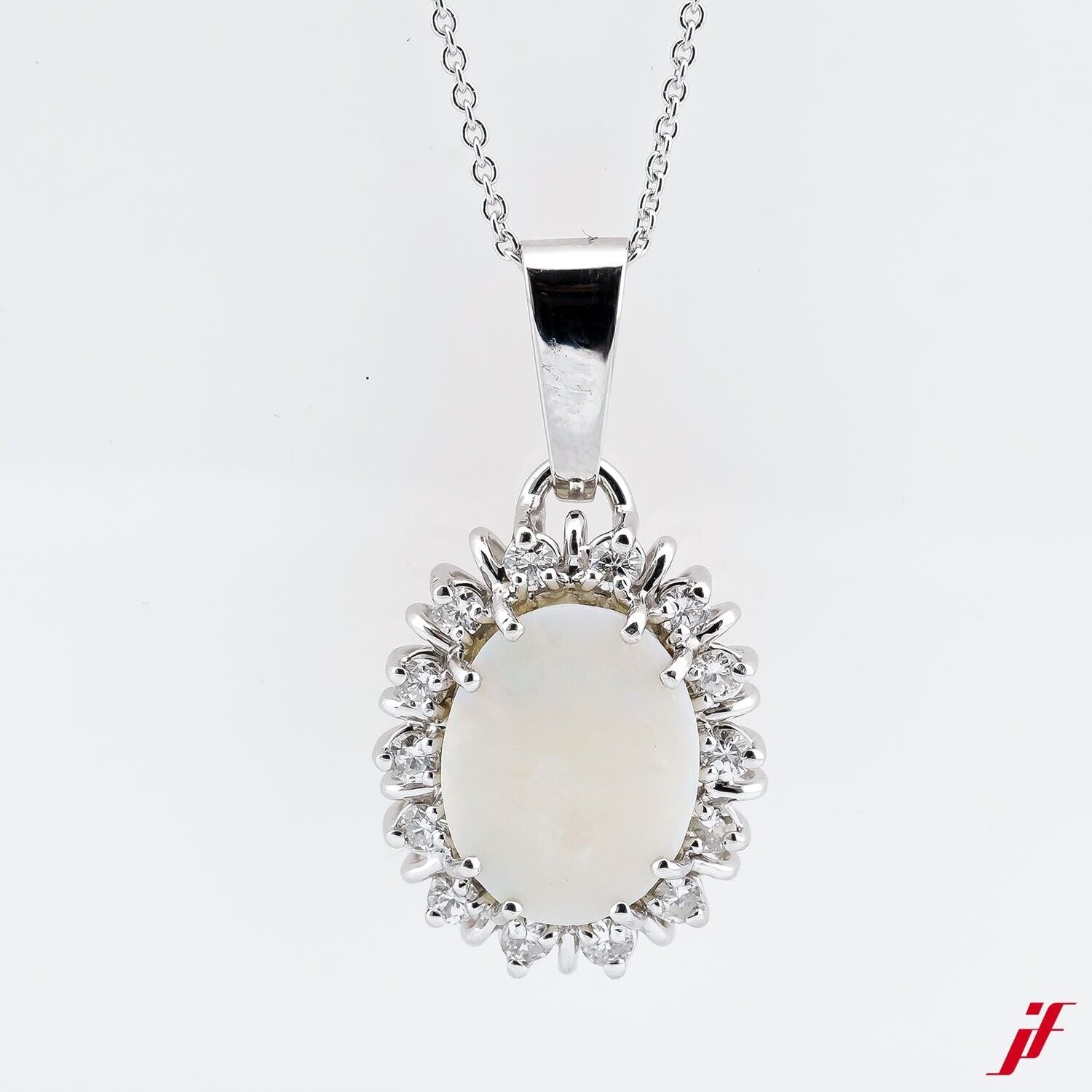 Kette mit Anhänger 585/14K Weißgold Opal Oval 14 Diamanten Brillanten 0,6ct