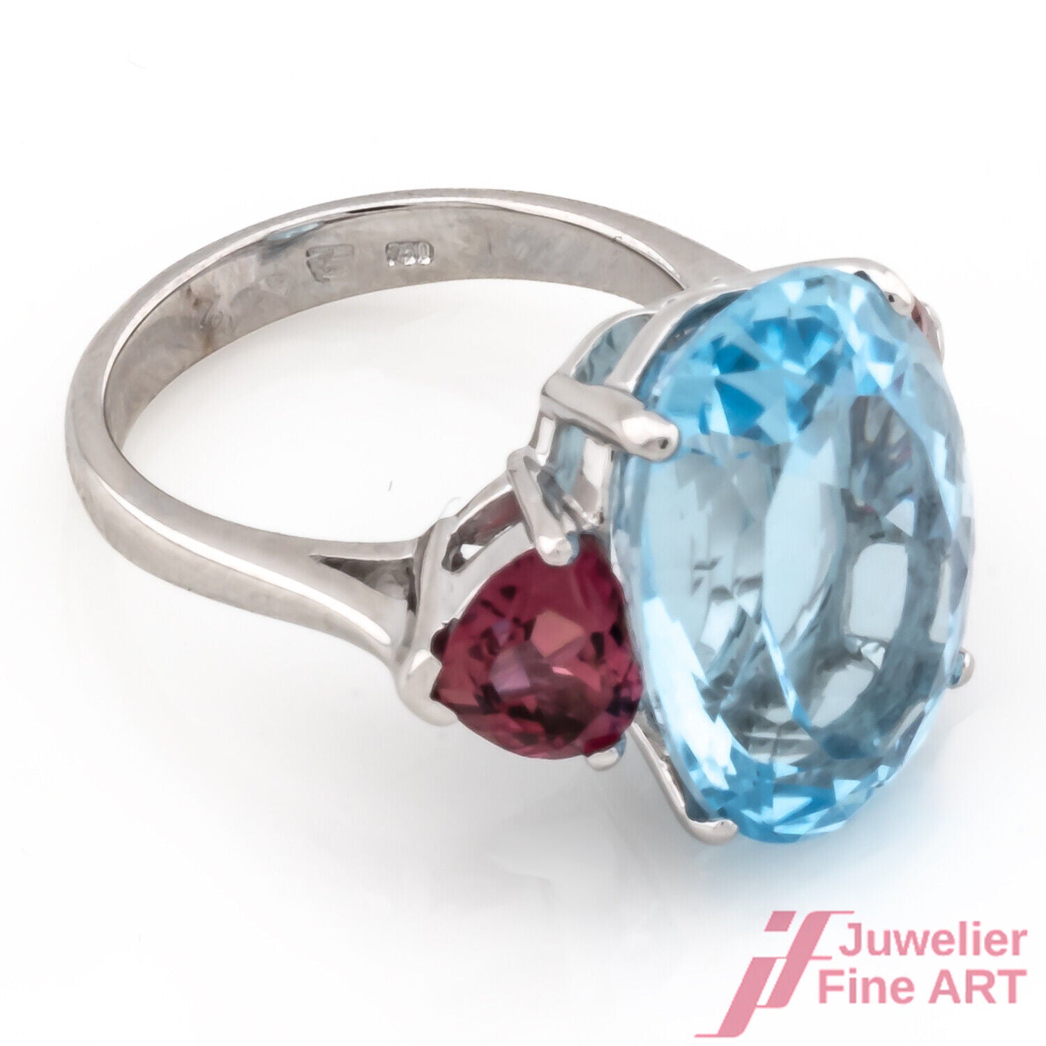 Ring 750/18K Weißgold 1 Blautopas 2 Turmaline Größe 54