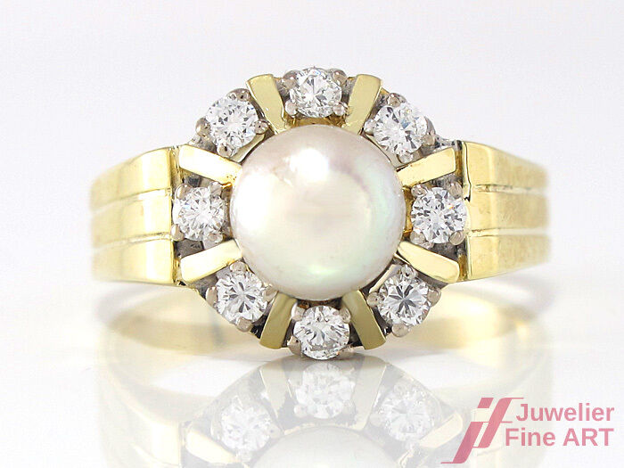 Ring mit Perle & Diamantbesatz ca. 0,40 ct - 585/14K Gelbgold - 7,1 g -Gr.56