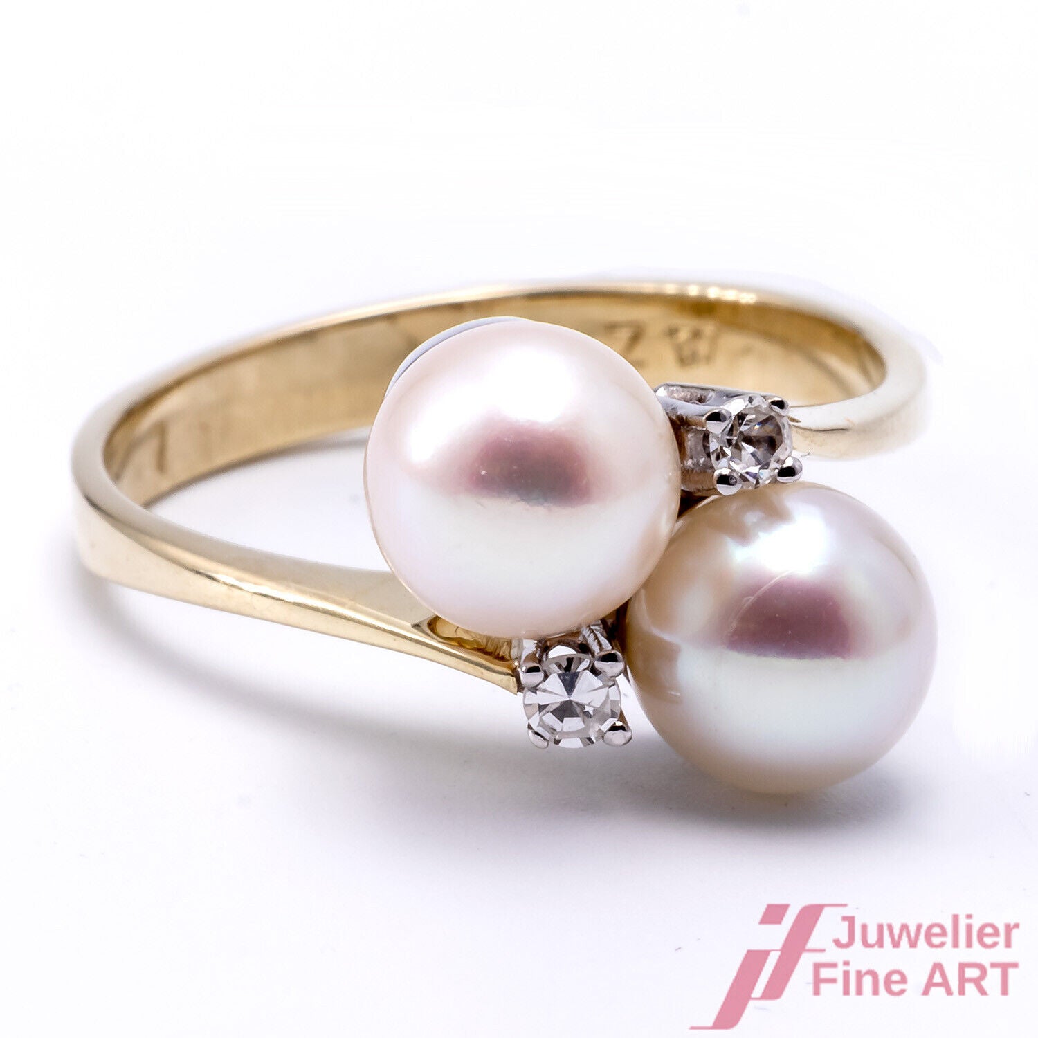 Ring 14K GG/WG - 2 Akoyaperlen - 2 Diam. Achtkant ca. 0,08 ct - 3,3 g Gr. 53,5