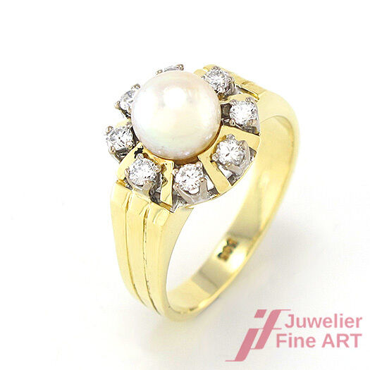 Ring mit Perle & Diamantbesatz ca. 0,40 ct - 585/14K Gelbgold - 7,1 g -Gr.56