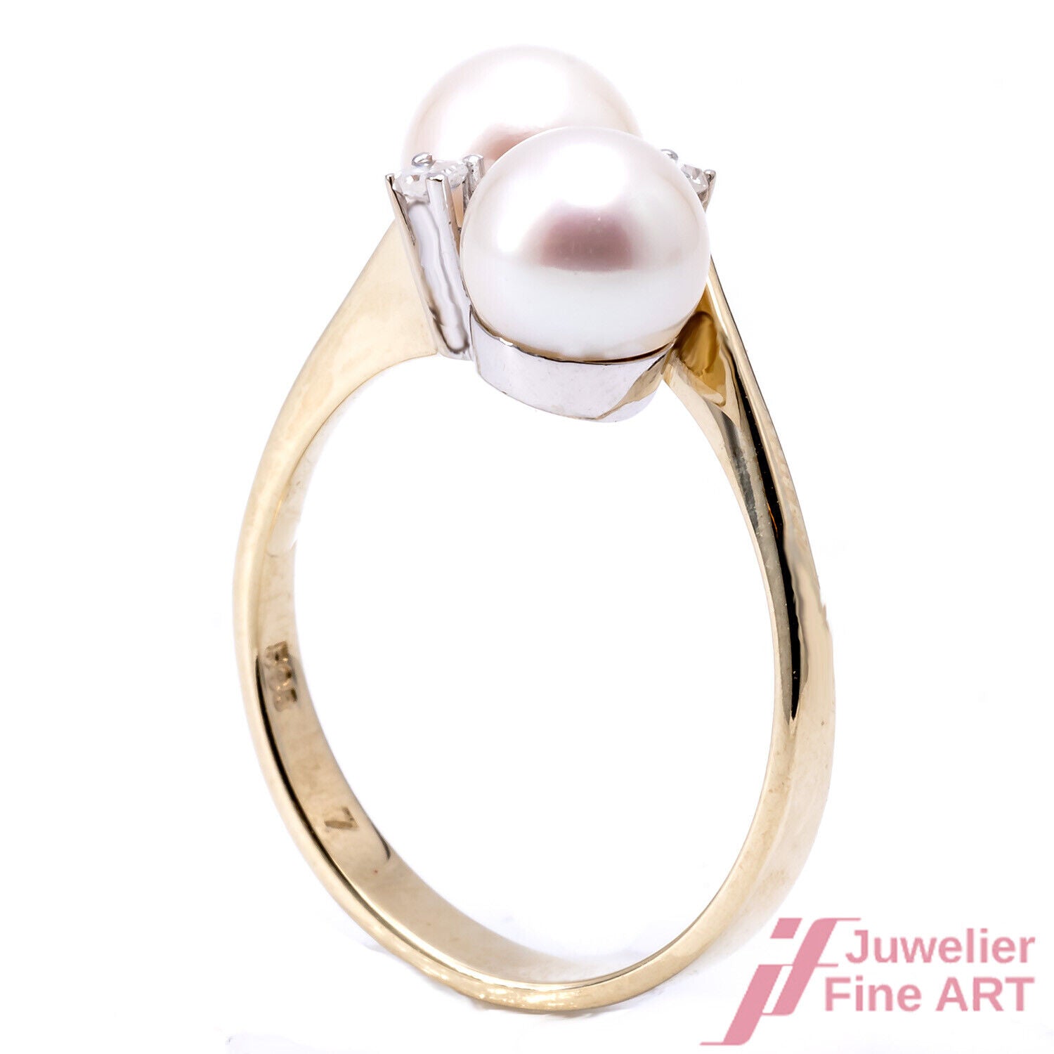 Ring 14K GG/WG - 2 Akoyaperlen - 2 Diam. Achtkant ca. 0,08 ct - 3,3 g Gr. 53,5