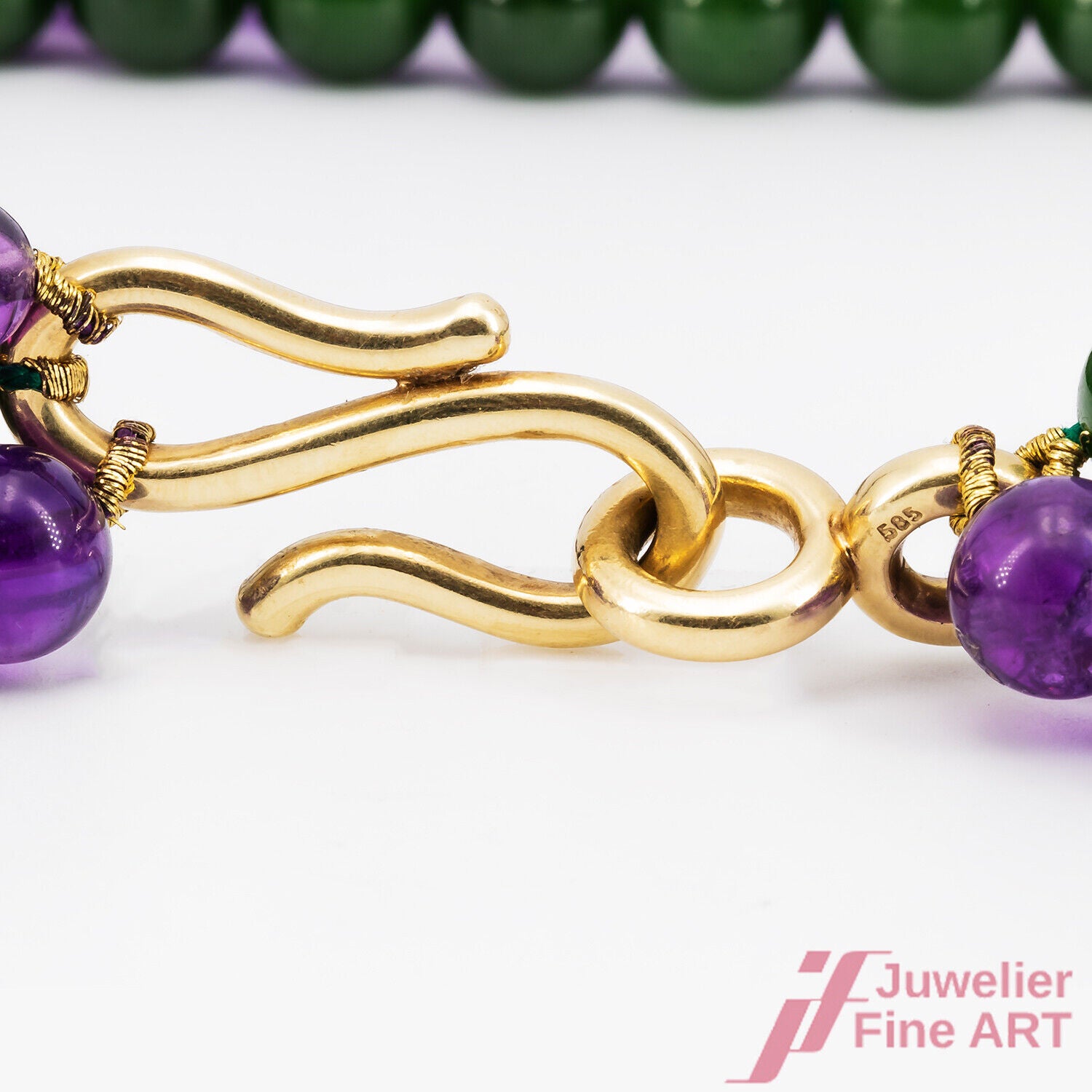 Lange Halskette mit Katzler Schließe in 14K/585 GG - Amethyste - Jade - 64 cm