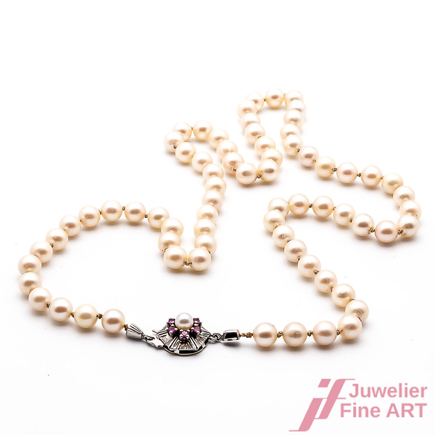 Halskette Perlencollier Akoyaperlen 585/14K Weißgold Gelbgold Rubine 48 cm