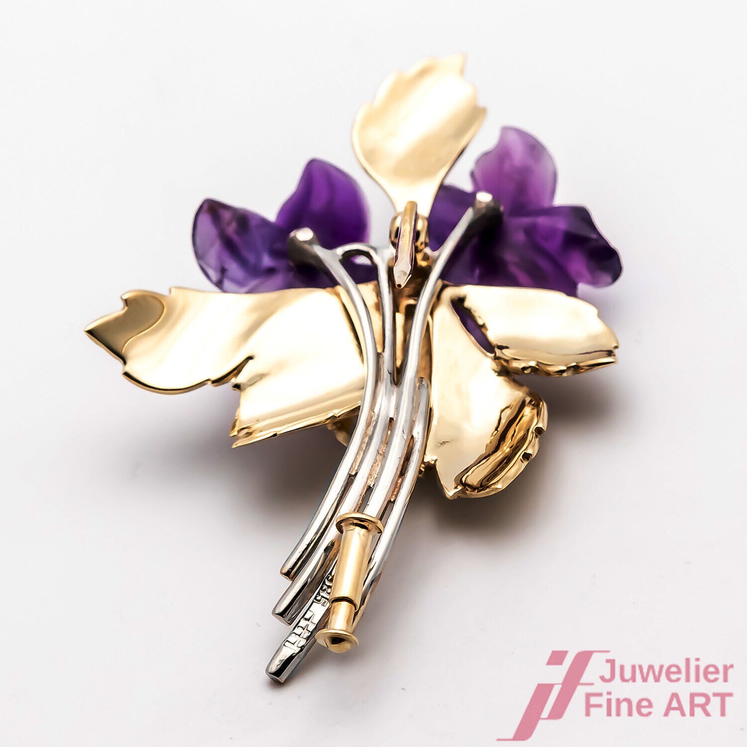 Brosche Florales Modell 585/14K Gelbgold Weißgold Amethystblüten Diamanten