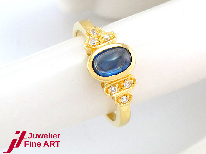 RING - 1 Saphir + 6 Brillanten ca. 0,06 ct - 750/18K Gelbgold - 3,1 g - Gr. 51
