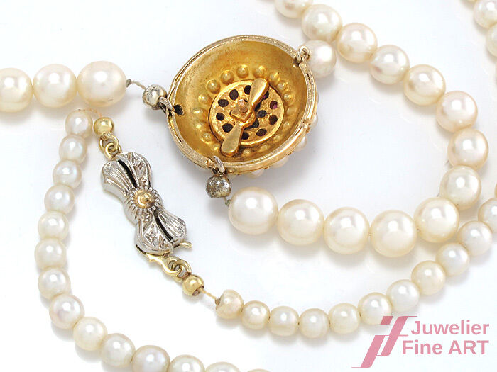 PERLENCOLLIER Orient Zuchtperlen 14K WG/GG 6 Diam. 10 Rub, 19 Smar. 16,5 g 41 cm