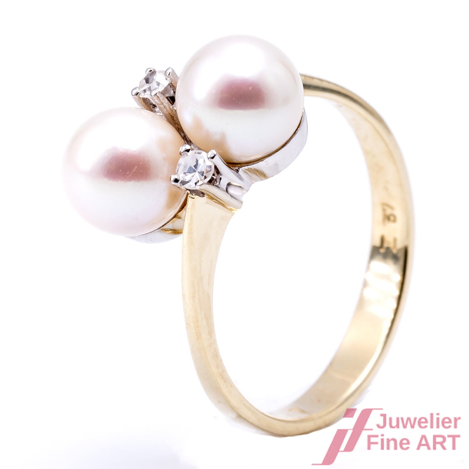 Ring 14K GG/WG - 2 Akoyaperlen - 2 Diam. Achtkant ca. 0,08 ct - 3,3 g Gr. 53,5
