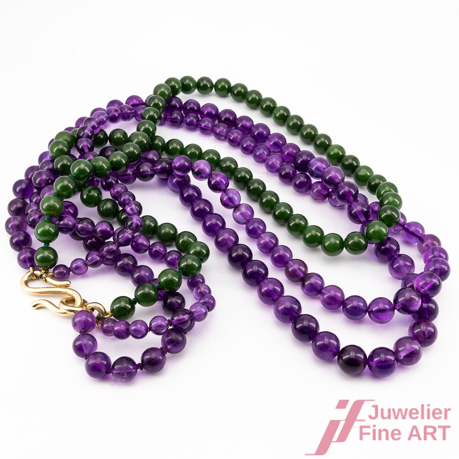 Lange Halskette mit Katzler Schließe in 14K/585 GG - Amethyste - Jade - 64 cm