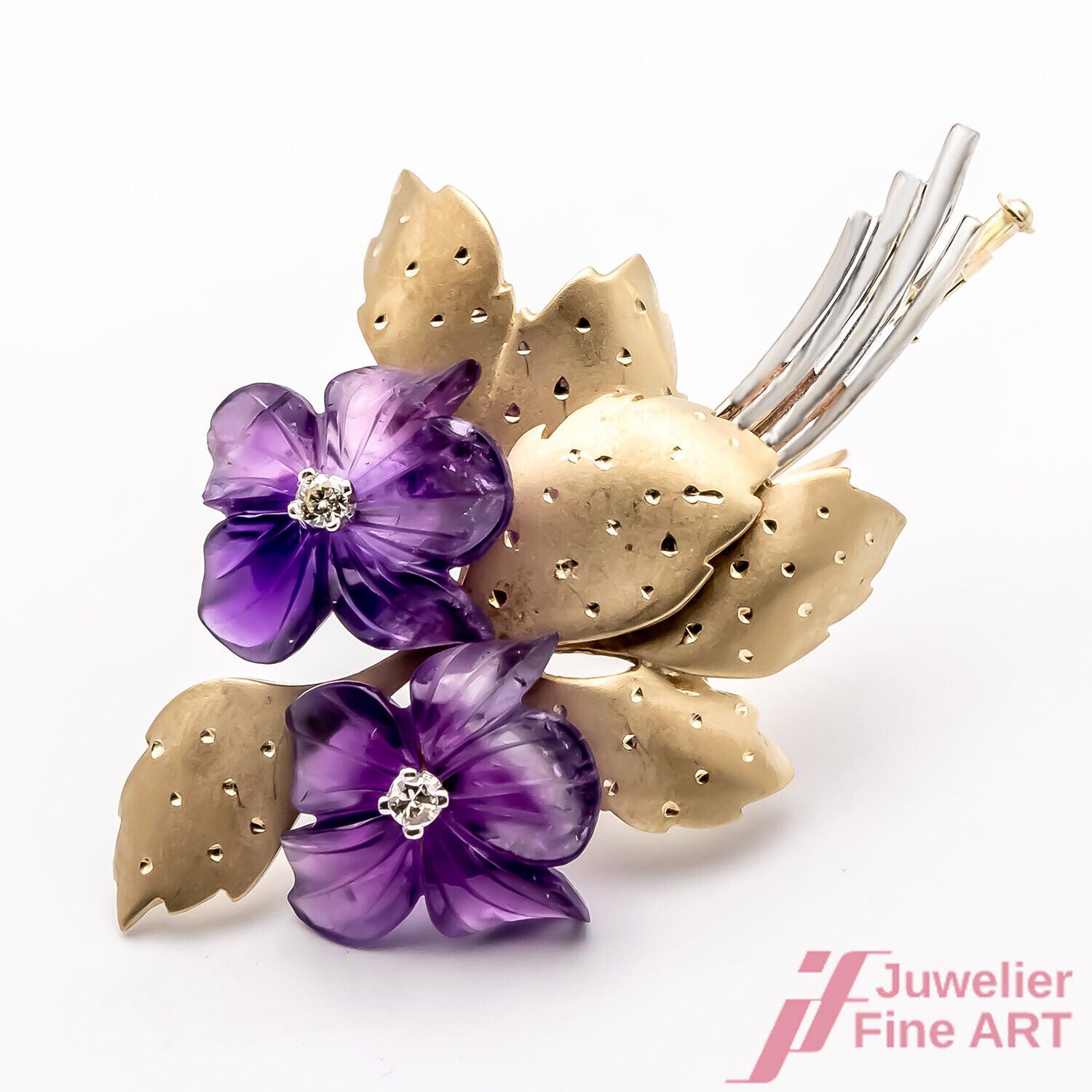 Brosche Florales Modell 585/14K Gelbgold Weißgold Amethystblüten Diamanten