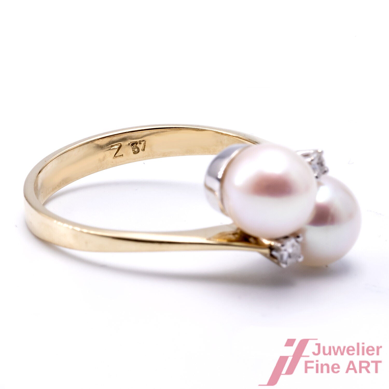 Ring 14K GG/WG - 2 Akoyaperlen - 2 Diam. Achtkant ca. 0,08 ct - 3,3 g Gr. 53,5