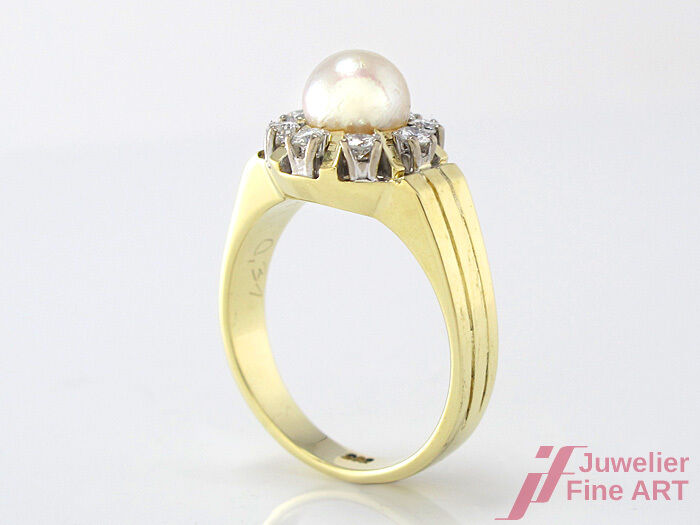 Ring mit Perle & Diamantbesatz ca. 0,40 ct - 585/14K Gelbgold - 7,1 g -Gr.56