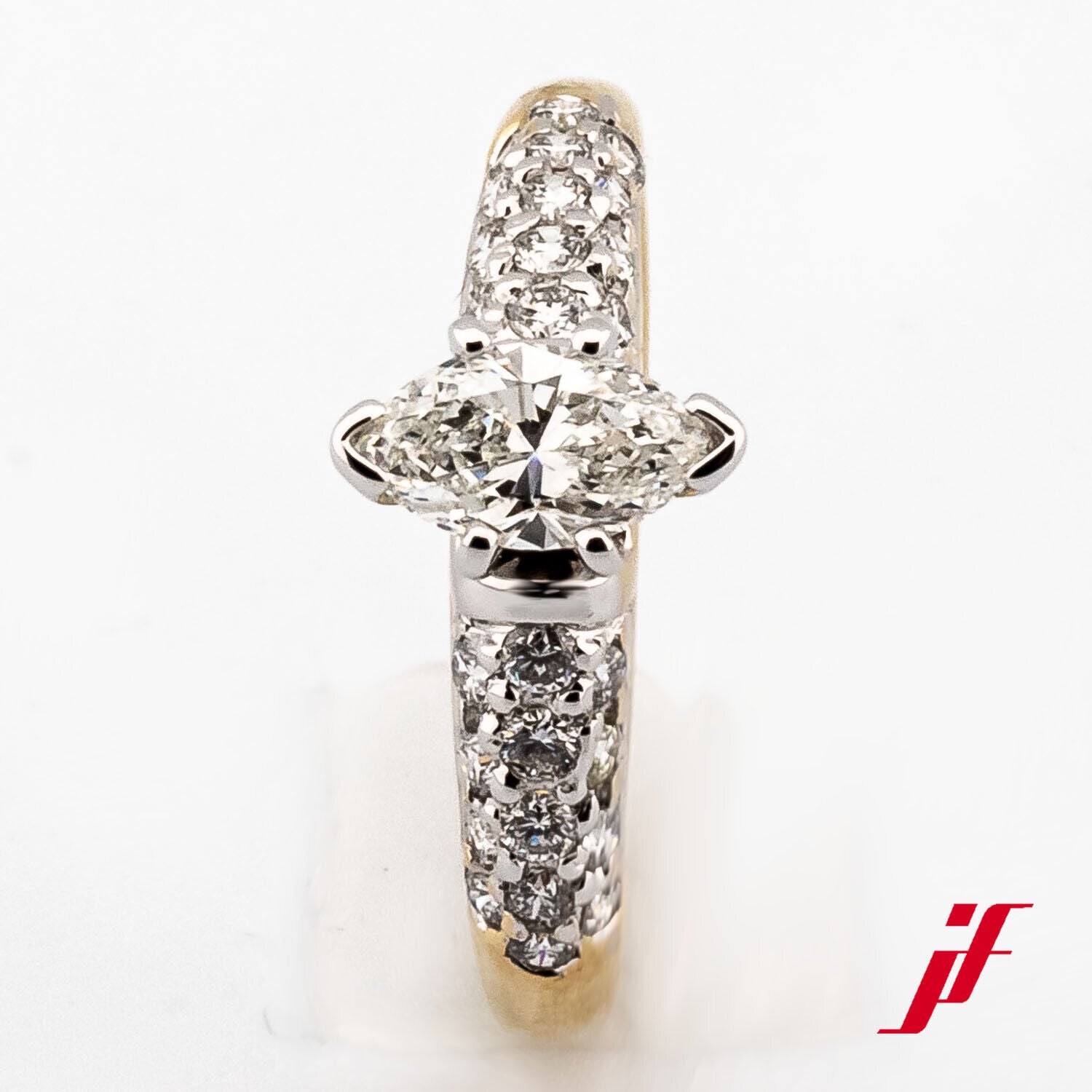 Ring Solitärring Akzentbesatz 585/14K Gold Diamanten Brillanten Navette Gr. 52,5