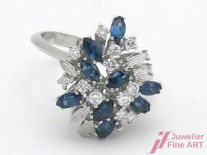 Diamantring 14K/585 WG 9 Navette Saph. zus. 0,60 ct + 11 Brill. zus. 0,50 ct