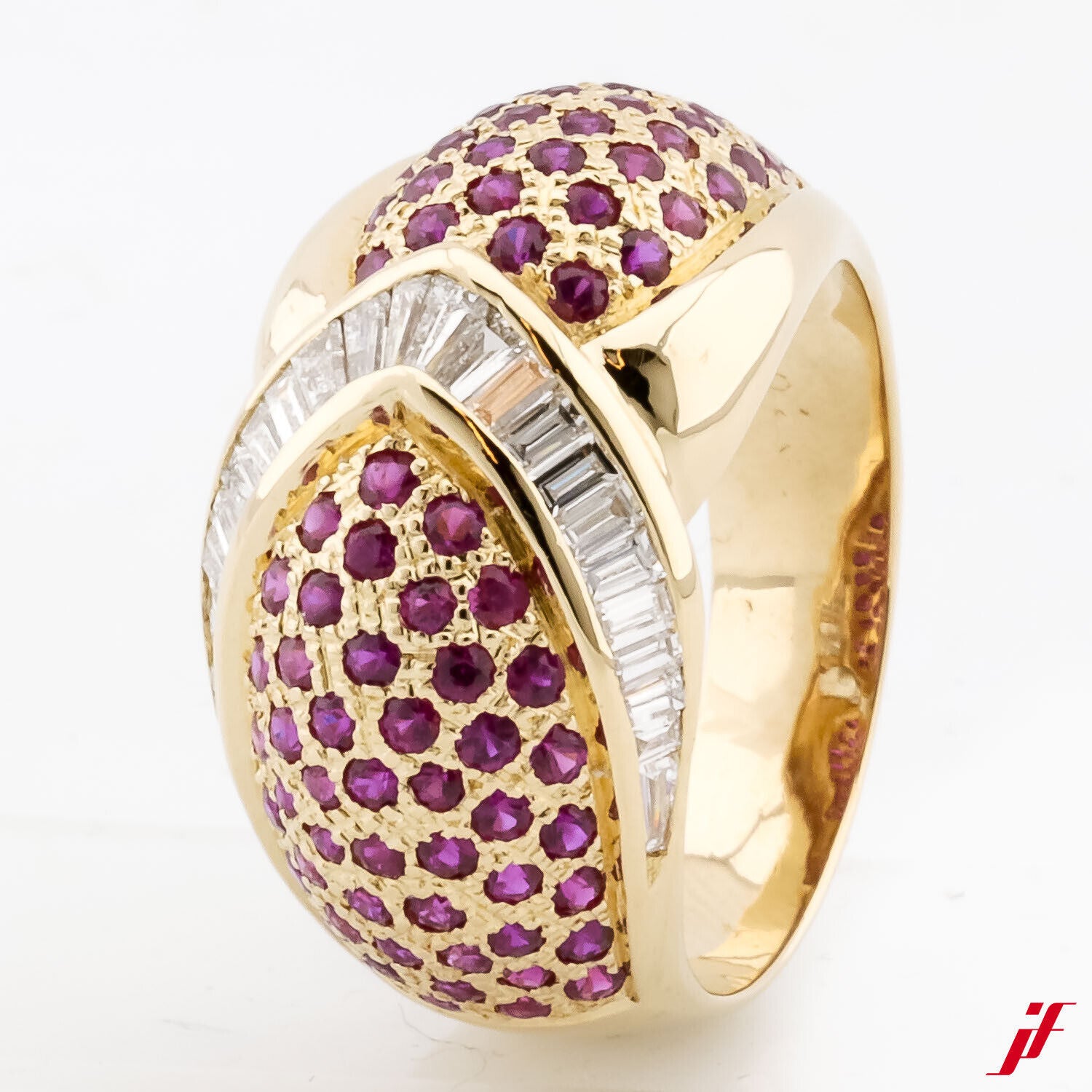 Kuppelring 18K Gelbgold 80 Rubine 0,80 ct 0,70 mm 24 Baguette 1,2 ct TW/vs1 59