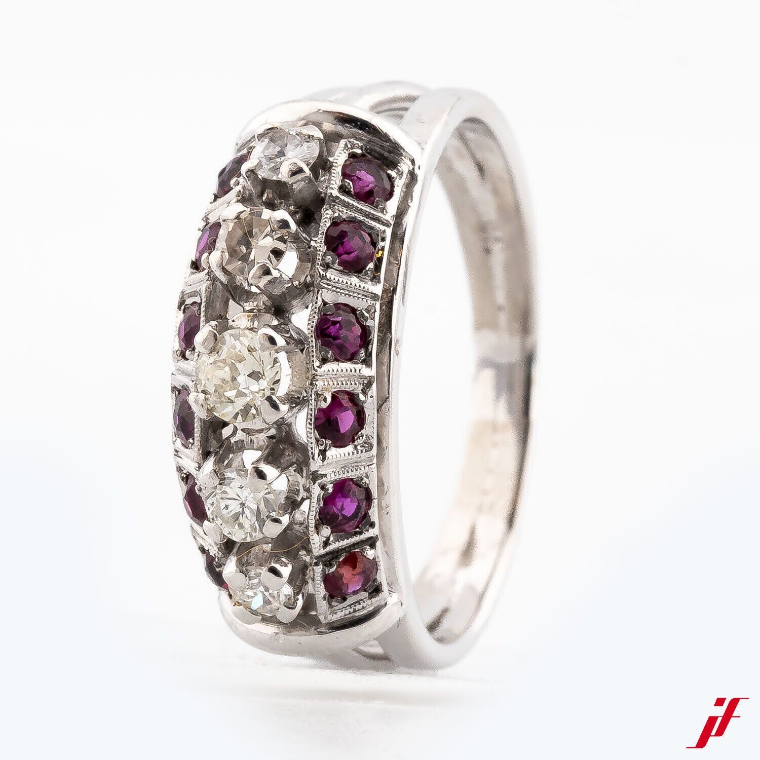 Damenring Klassisch 14K Weißgold Rubine 0,16 Diamanten Brillanten 0,20 57