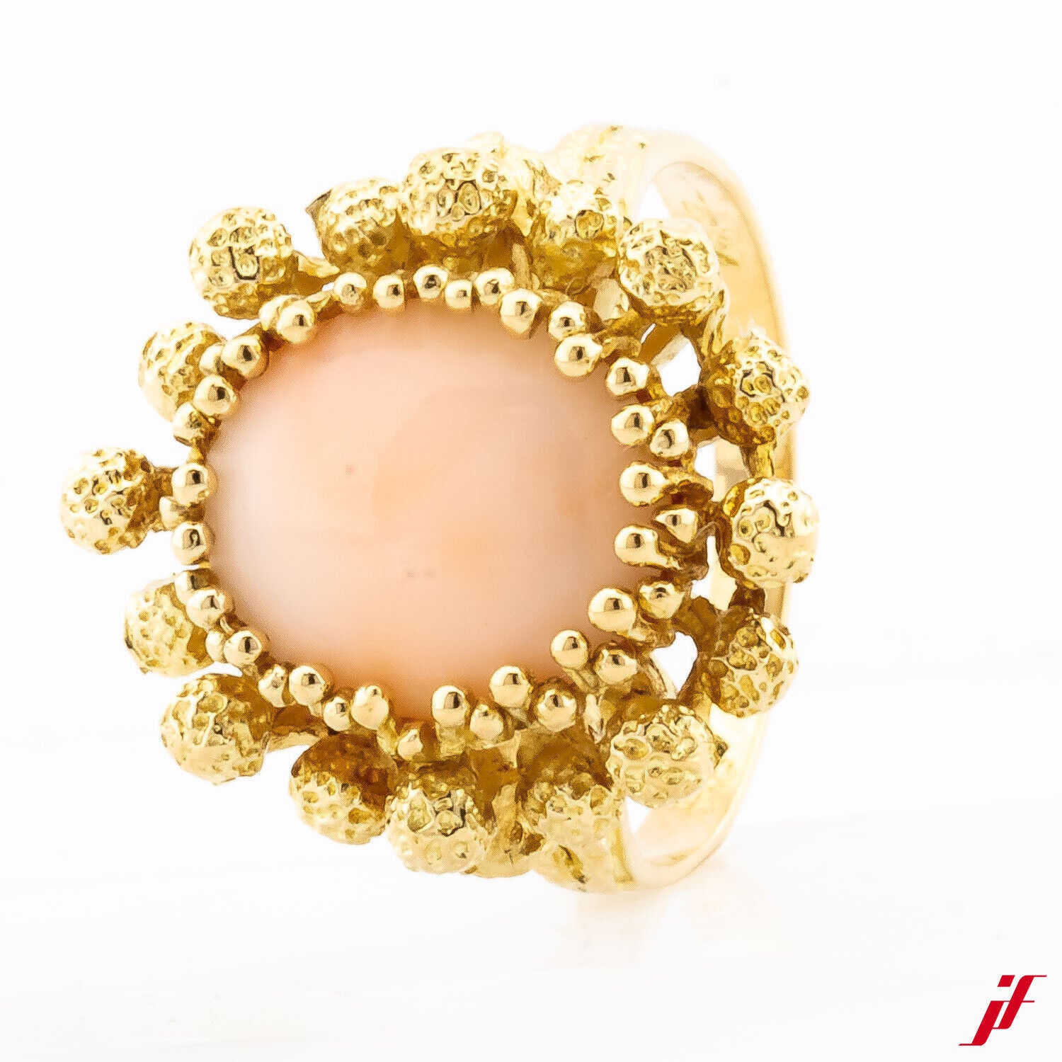 Handarbeit Ring Verziert 750/18K Gelbgold 1 ovale Engelhautkoralle  53,5
