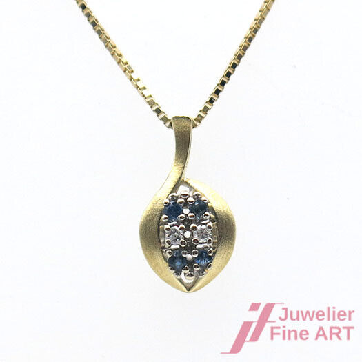 Kette/Anhänger - 14K GG - 4 Saphire 0,16 ct + 2 Diamanten 0,08 ct 5,7 g - 42 cm