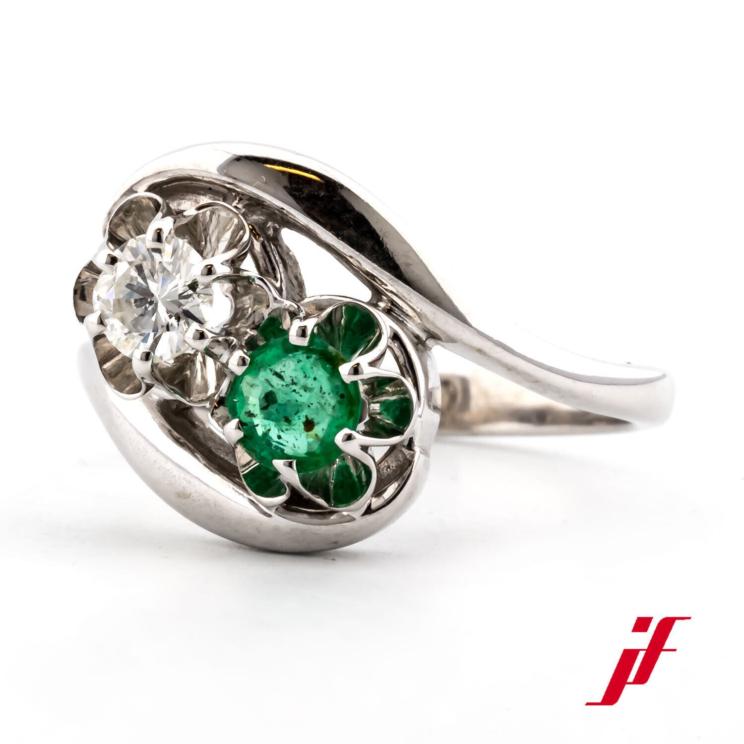 Ring Cocktail 585/14K Weißgold Smaragd Diamant Brillant Größe 56 TOP