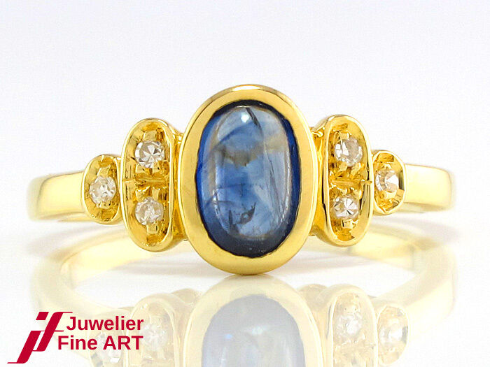 RING - 1 Saphir + 6 Brillanten ca. 0,06 ct - 750/18K Gelbgold -  3,1 g - Gr. 51