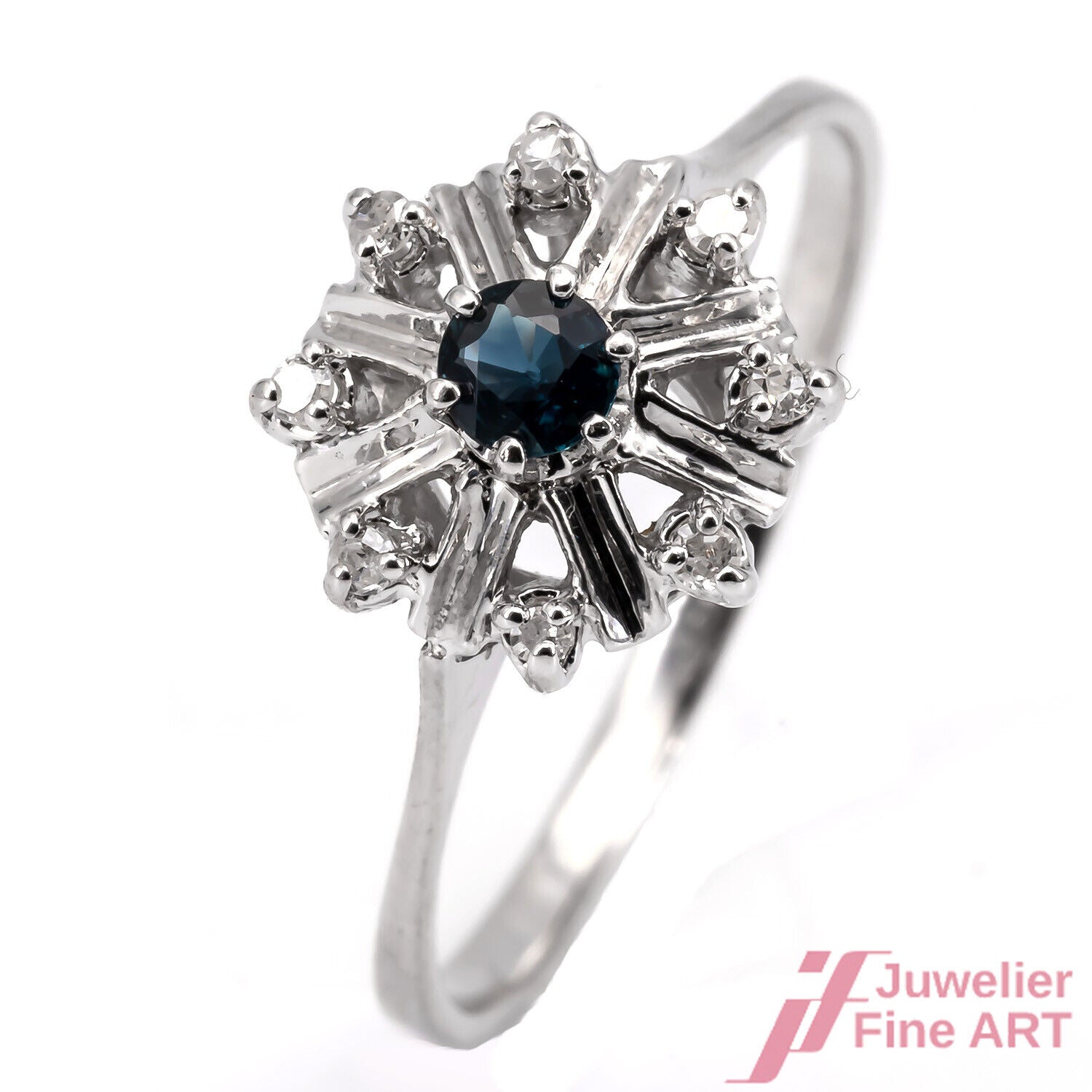 RING 14K WG - 1 Saphir 0,10 ct + 8 Diam. zus. ca. 0,08 ct W/si - 2,6 g - Gr. 60