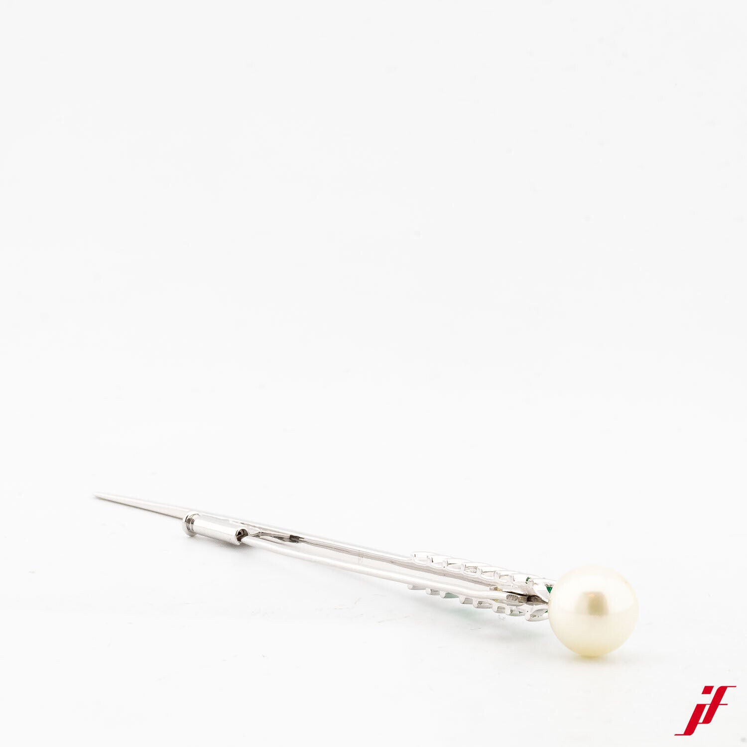 Brosche Nadel 750/18K Weißgold 1 Akoyaperle 2 Smaragde 2 Diamanten 6,0 cm