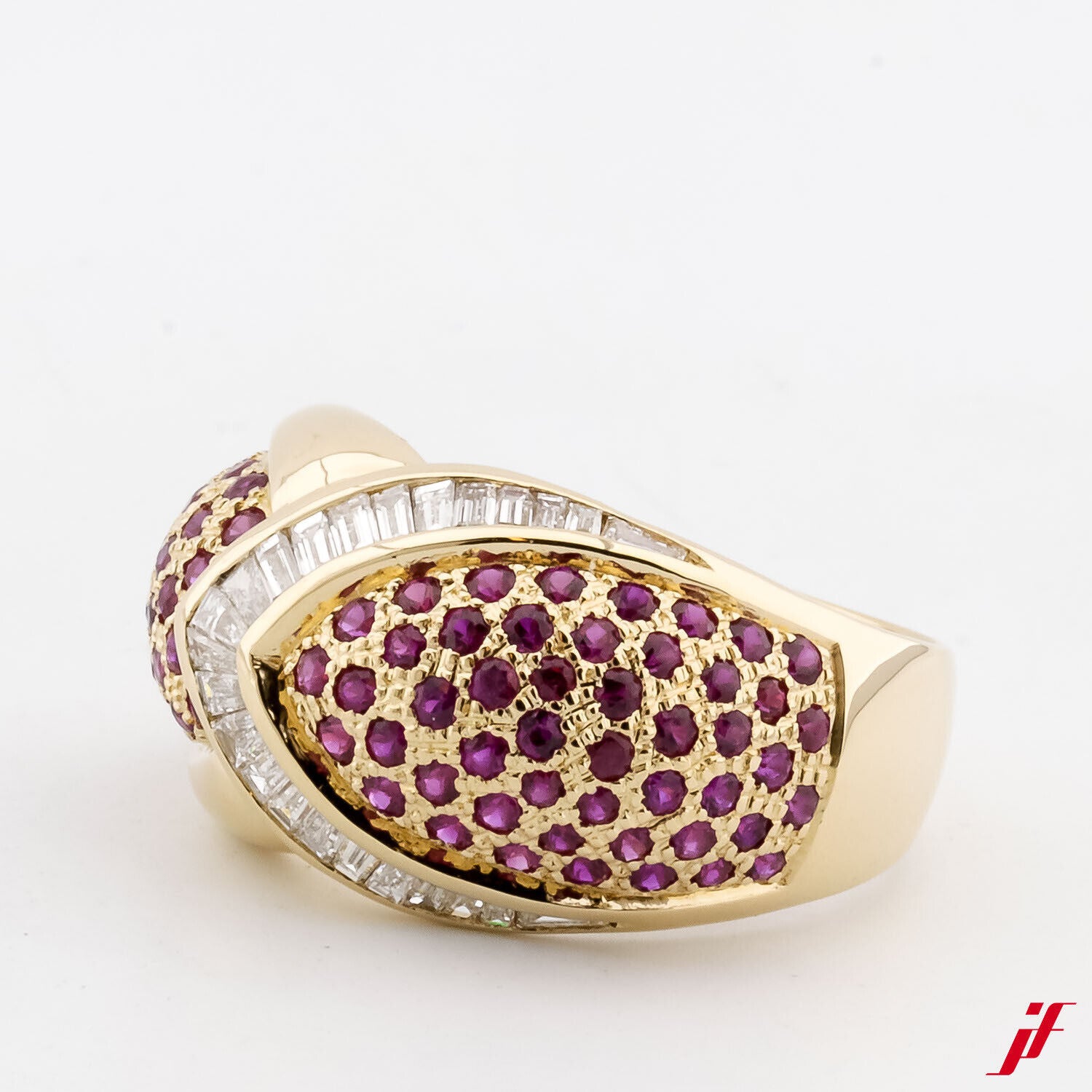 Kuppelring 18K Gelbgold 80 Rubine 0,80 ct 0,70 mm 24 Baguette 1,2 ct TW/vs1 59