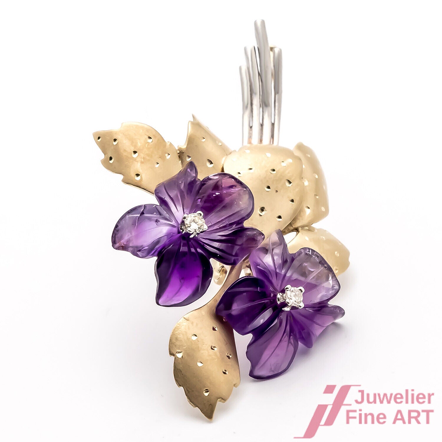 Brosche Florales Modell 585/14K Gelbgold Weißgold Amethystblüten Diamanten