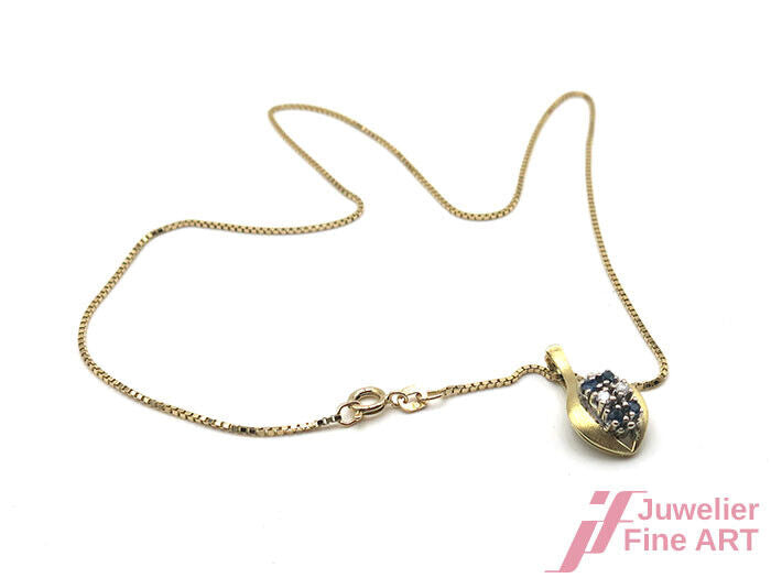 Kette/Anhänger - 14K GG - 4 Saphire 0,16 ct + 2 Diamanten 0,08 ct 5,7 g - 42 cm