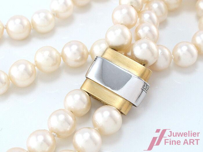Akoya-Perlencollier 2-reihig - 750/18K Goldschließe mit Diamantbesatz - 76,2 g
