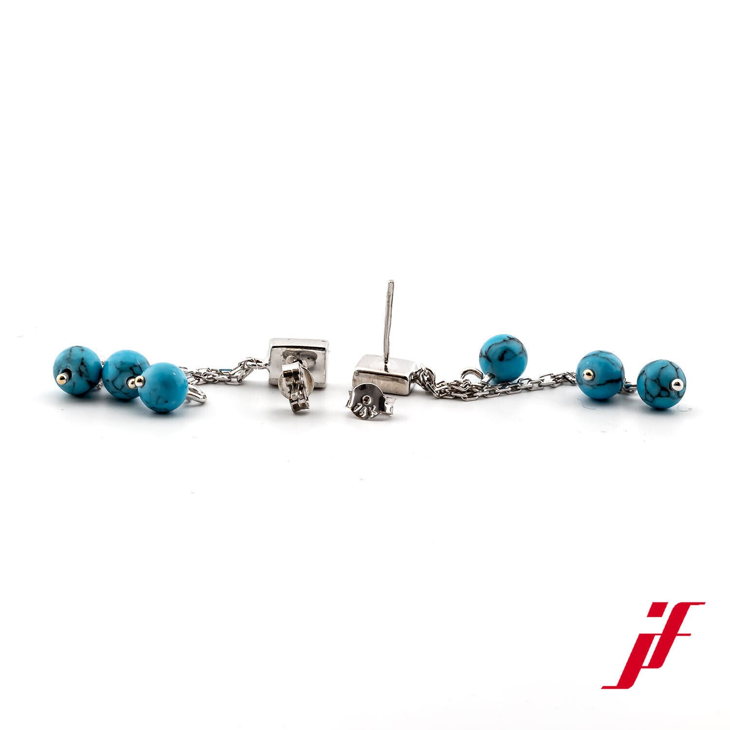 Ohrstecker Lang 585/14K Weißgold 6 Türkiskugeln Diamanten Brillanten Top