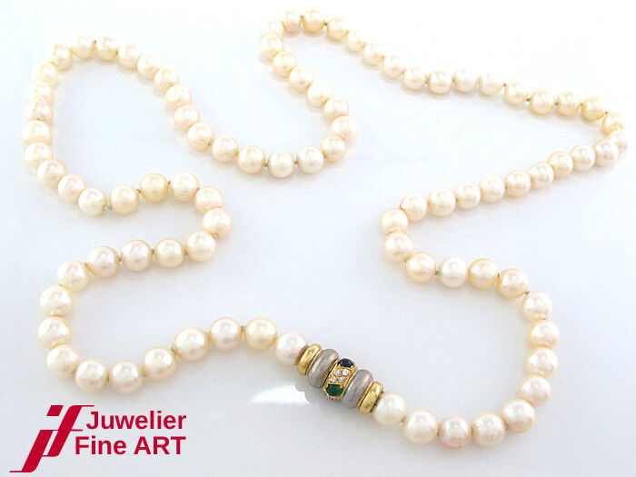 Perlencollier 750/18K Gelbgold-Schließe Saphire/Smaragde Brill. ca. 0,32 ct W/SI