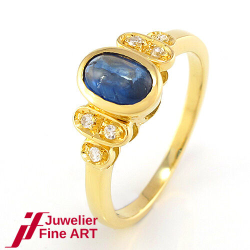 RING - 1 Saphir + 6 Brillanten ca. 0,06 ct - 750/18K Gelbgold -  3,1 g - Gr. 51