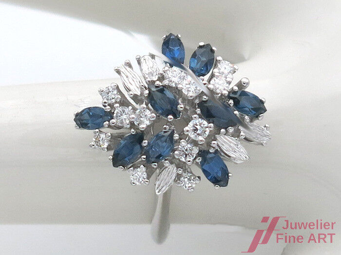 Diamantring 14K/585 WG 9 Navette Saph. zus. 0,60 ct + 11 Brill. zus. 0,50 ct