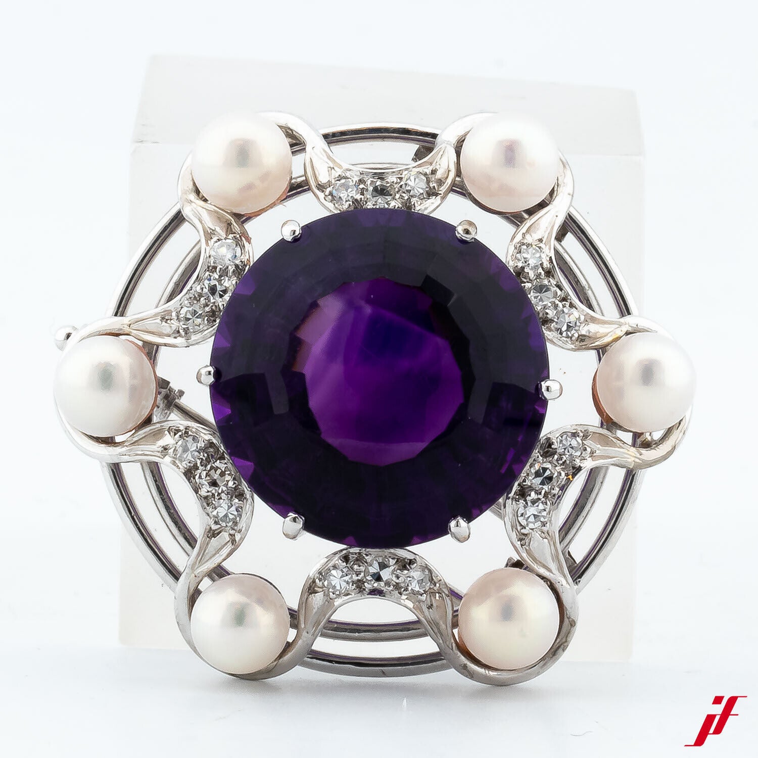 Brosche 14K Weißgold 1 Amethyst ca. 18 ct  18 Diamanten 0,18 ct 6 Akoyparlen