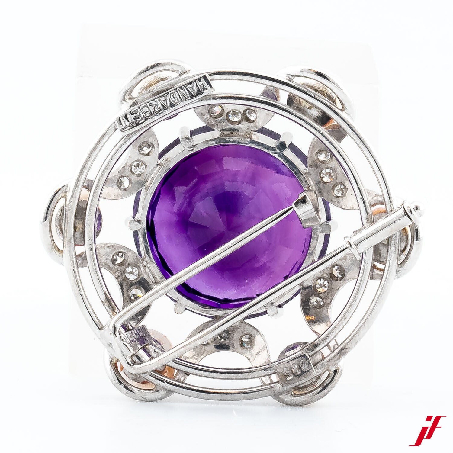Brosche 14K Weißgold 1 Amethyst ca. 18 ct  18 Diamanten 0,18 ct 6 Akoyparlen