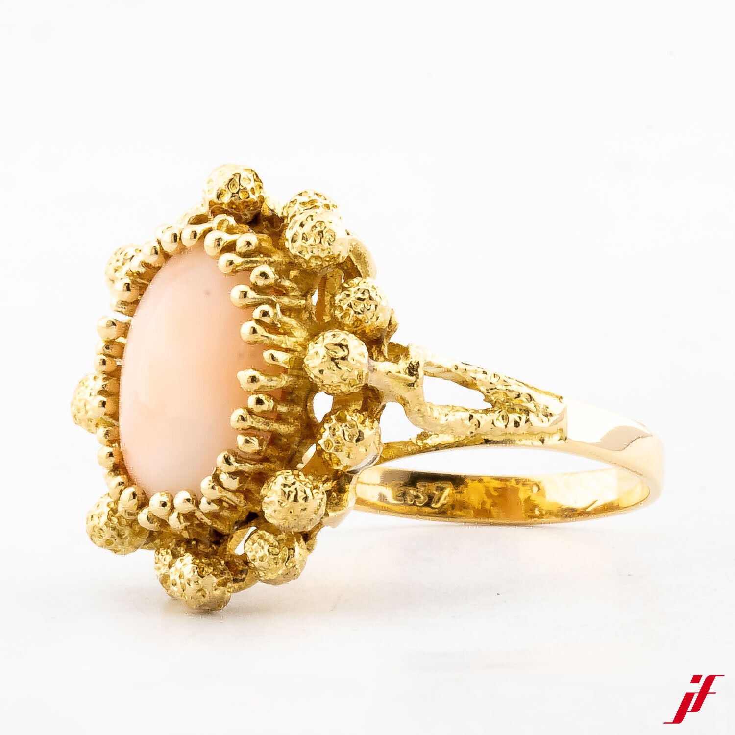 Handarbeit Ring Verziert 750/18K Gelbgold 1 ovale Engelhautkoralle  53,5