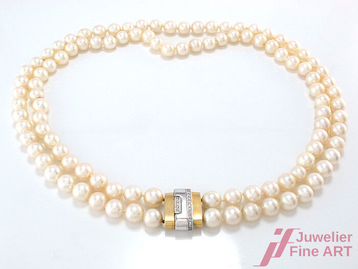 Akoya-Perlencollier 2-reihig - 750/18K Goldschließe mit Diamantbesatz - 76,2 g