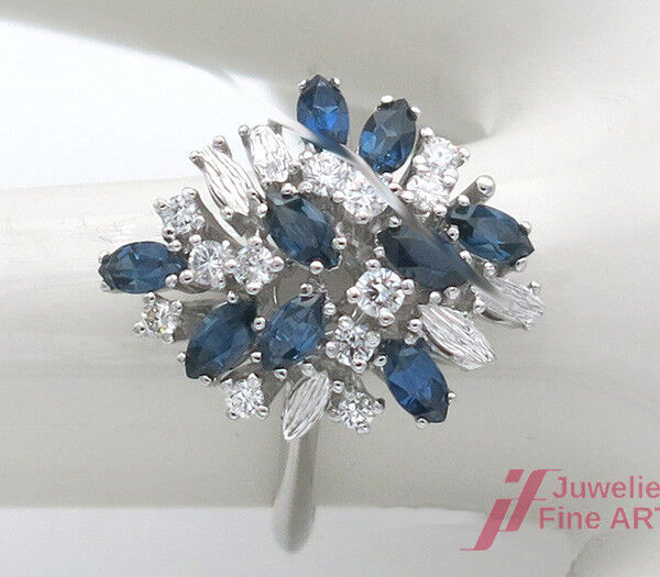 Diamantring 14K/585 WG 9 Navette Saph. zus. 0,60 ct + 11 Brill. zus. 0,50 ct