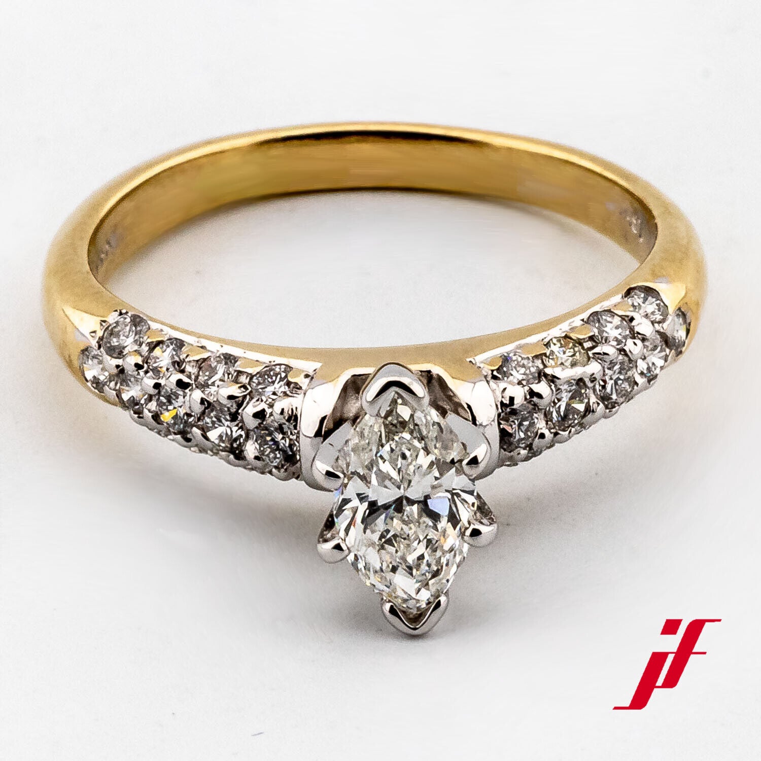 Ring Solitärring Akzentbesatz 585/14K Gold Diamanten Brillanten Navette Gr. 52,5