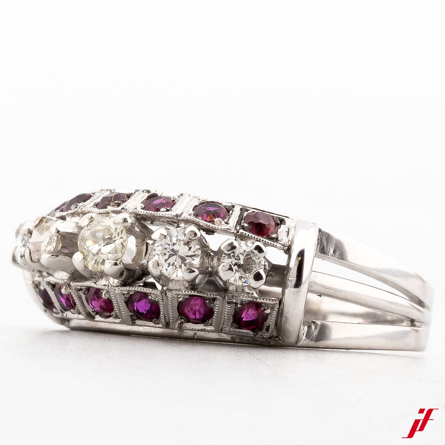 Damenring Klassisch 14K Weißgold Rubine 0,16 Diamanten Brillanten 0,20 57