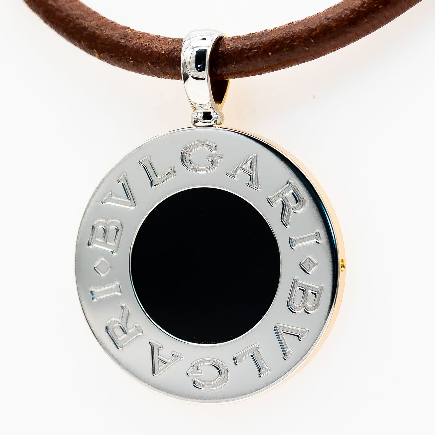 Bvlgari Kette Anhänger 750/18K Gelbgold Edelstahl Leder Onyx mit Box