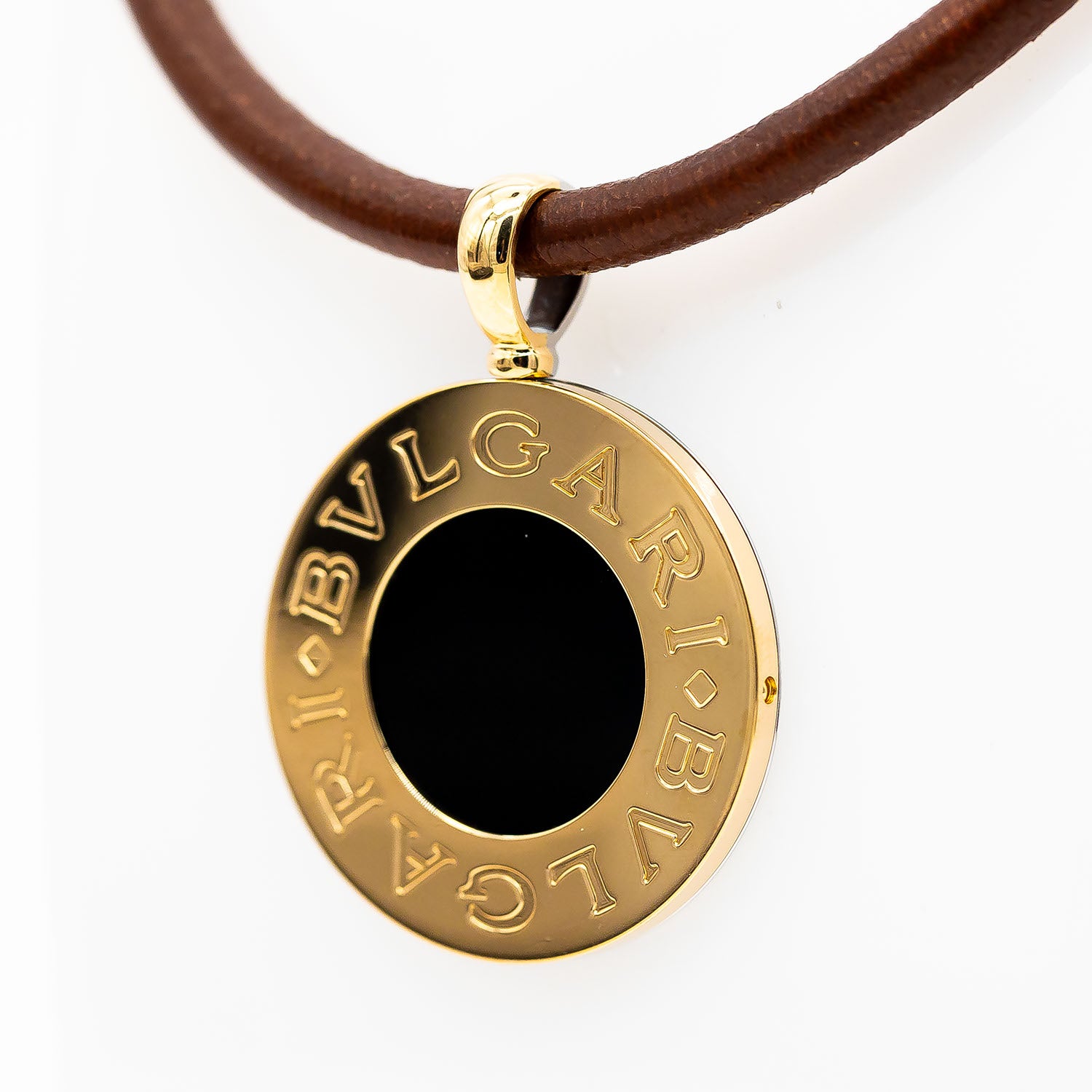 Bvlgari Kette Anhänger 750/18K Gelbgold Edelstahl Leder Onyx mit Box